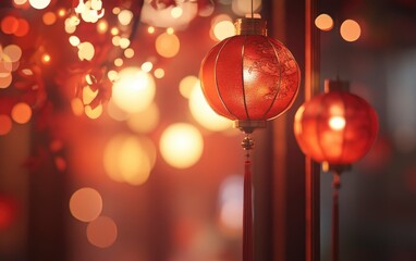 Chinese New Year, red lanterns hanging in the streets of China, warm colors, festive atmosphere,...