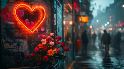 Smoky urban scene with heart-shaped graffiti and Valentine's Day flowers on a street corner