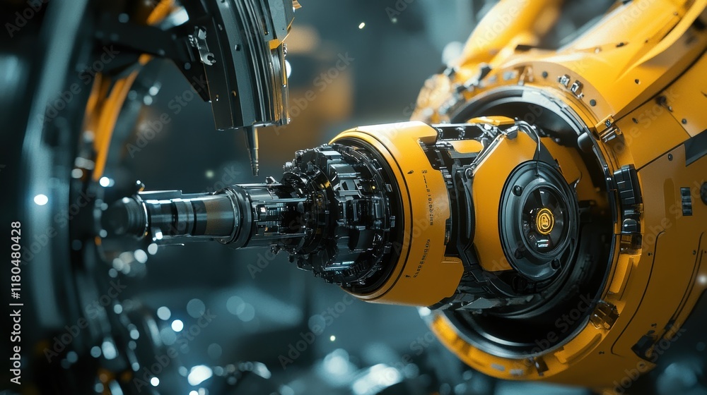 Poster futuristic robotic arm with intricate mechanisms performing precision manufacturing tasks in a techn