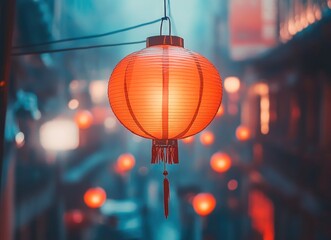 Obraz premium Chinese New Year, red lanterns hanging in the streets of the old town at night, blurred background, warm lighting, high-resolution photography, stock photo style.