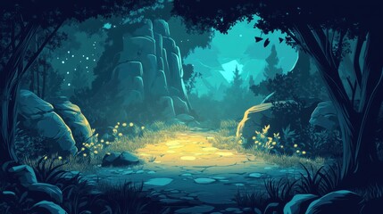 Mystical Forest Path Under Moonlight Illuminates Stones