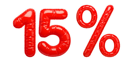 15% Sale banner with red balloons. Bright, glossy red inflatable balloon numbers and a percentage sign isolated on a transparent background. 