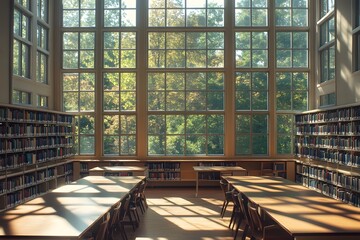 Sunlit Library Interior with Tall Windows and Bookshelves