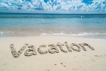 The word vacation written in the sand in a tropical setting
