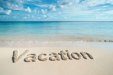 The word vacation written in the sand in a tropical setting
