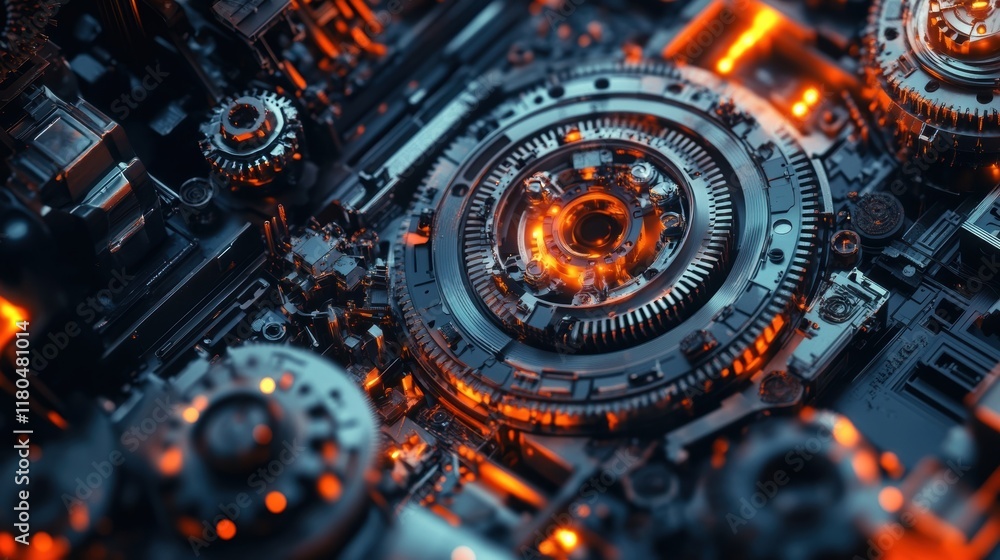 Poster complex engine rotating with visible orange lights and gears, creating a futuristic and technologica