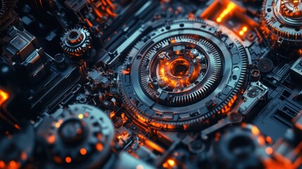 Fototapeta premium Complex engine rotating with visible orange lights and gears, creating a futuristic and technological atmosphere, ideal for projects related to innovation and advanced machinery