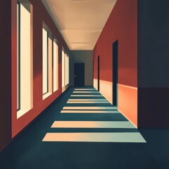 Sunlit Corridor With Windows And Doors