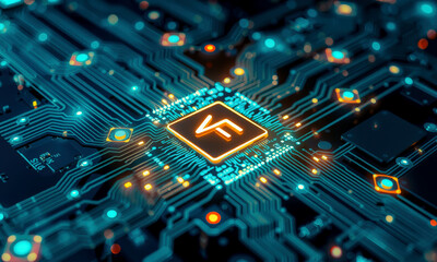 Fototapeta premium glowing AI chip processor is integrated into complex circuit board, showcasing advanced technology and innovation in microelectronics. intricate design highlights future of computing