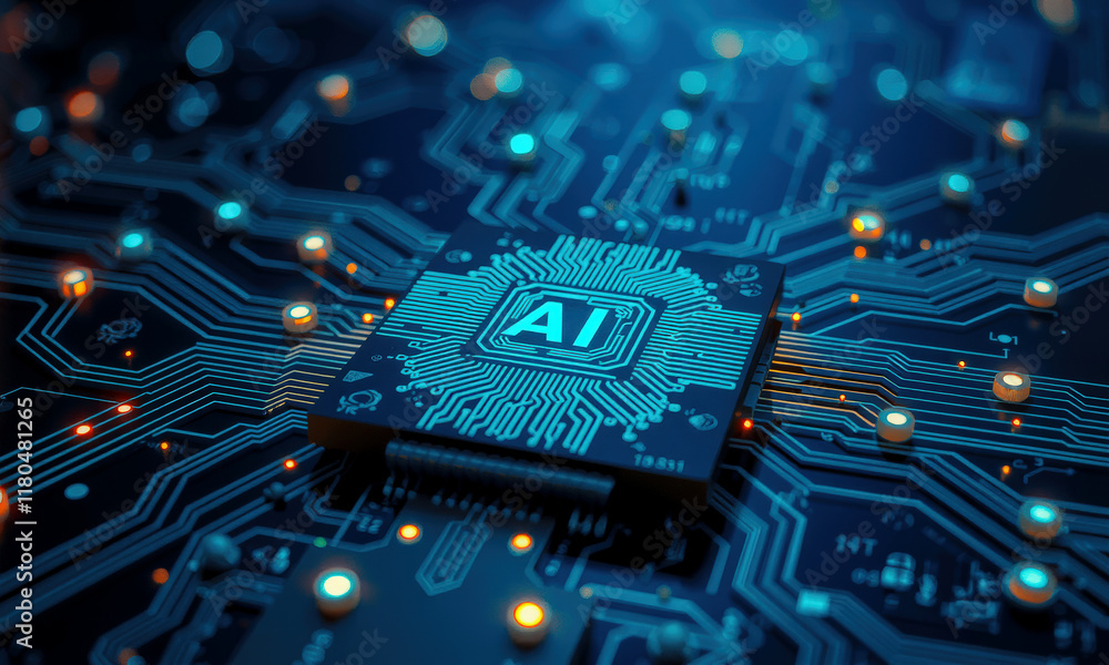 Aufkleber close up of ai chip processor on glowing circuit board, showcasing intricate electronic pathways and