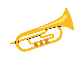 Yellow trumpet with simple design and clean lines, depicted in a flat style on a white background. Concept of music, brass instruments, and art. Vector illustration © Rudzhan