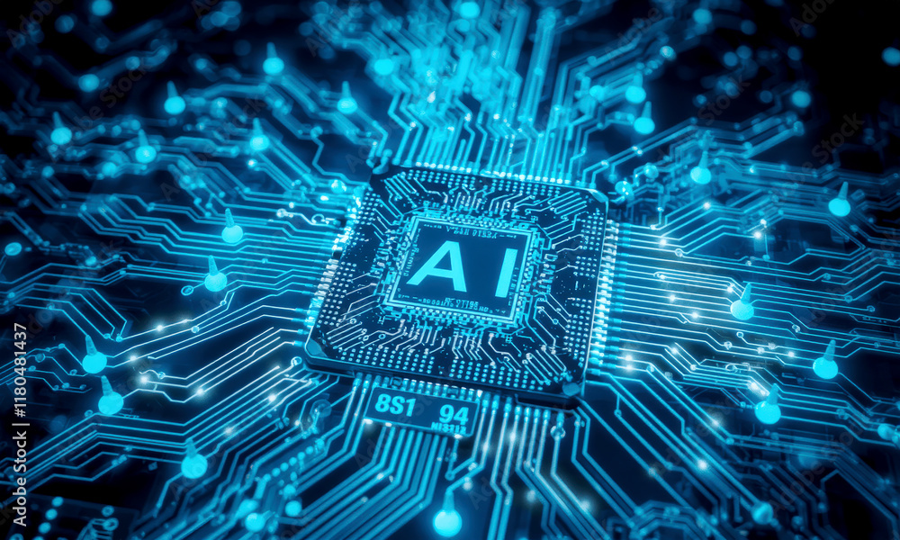 Poster glowing ai chip is at center of complex circuit board, symbolizing advanced technology and innovatio