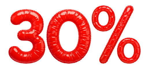30% Sale banner with red balloons. Bright, glossy red inflatable balloon numbers and a percentage sign isolated on a transparent background. 