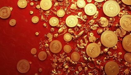 Scattered Gold Coins on Red Background: A Festive and Luxurious Image