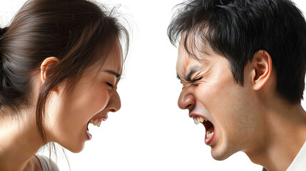 side view on adult asian couple arguing against each other isolated on solid white background	