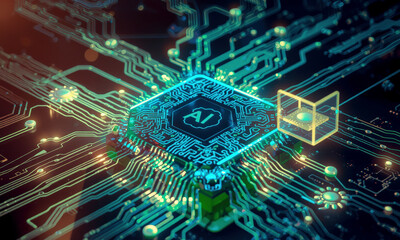 glowing AI chip processor is integrated into complex circuit board, showcasing advanced technology and innovation. intricate design highlights future of artificial intelligence and computing