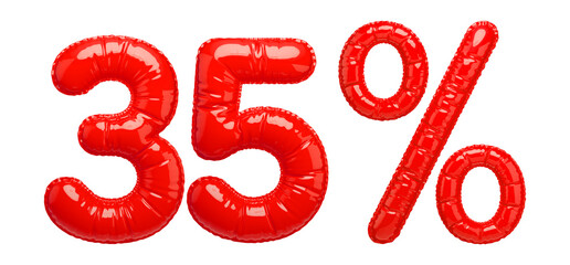 35% Sale banner with red balloons. Bright, glossy red inflatable balloon numbers and a percentage sign isolated on a transparent background. 
