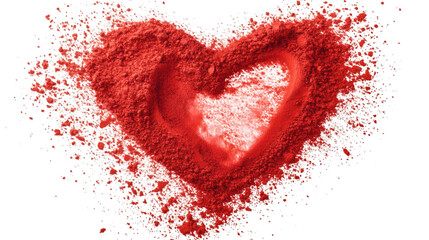 Red powder explosion forming a heart shape isolated on white background