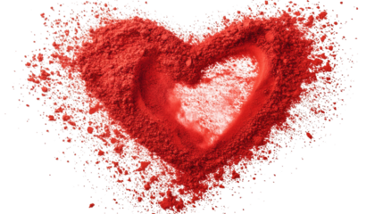 Red powder explosion forming a heart shape isolated on white background