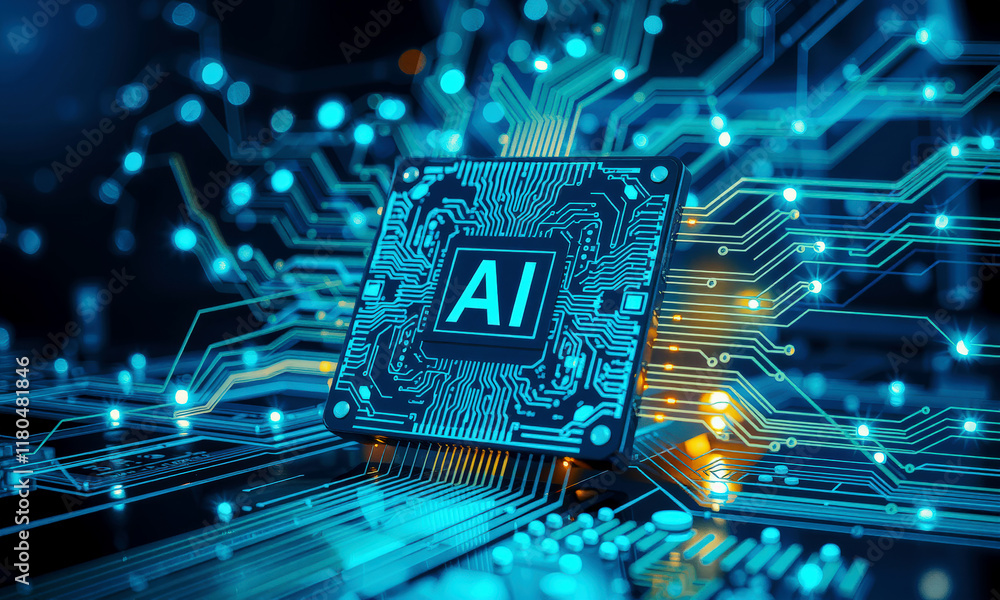 Poster glowing ai chip is integrated into complex circuit board, symbolizing advanced technology and innova