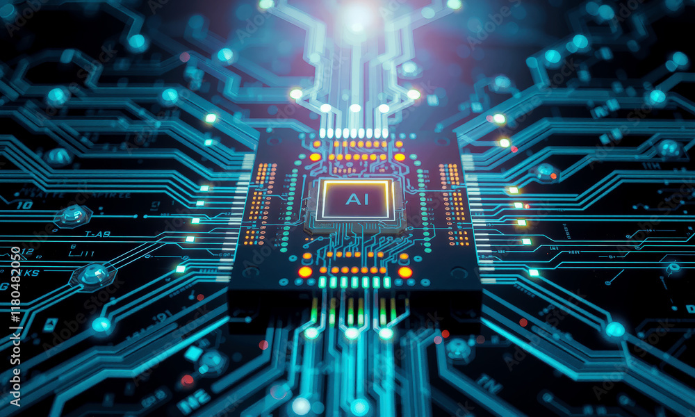 Aufkleber glowing ai chip is integrated into complex circuit board, symbolizing advanced technology and innova