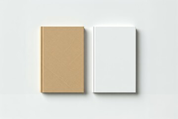 Two closed books with blank covers, one brown and one white, on a light background.
