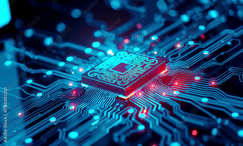 Poster glowing microchip on vibrant circuit board symbolizes advanced technology and innovation in electron
