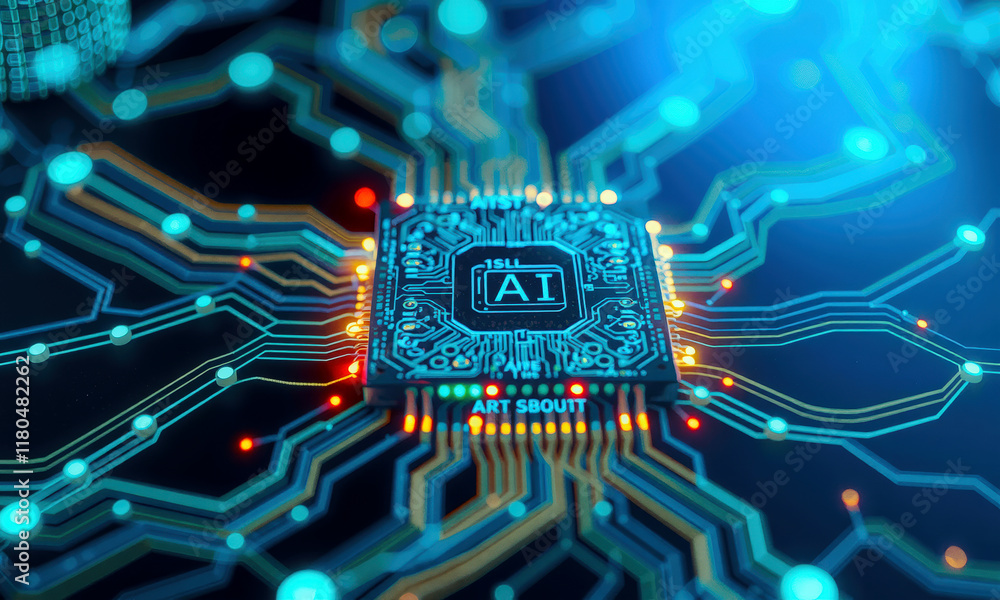 Aufkleber glowing ai chip circuit board with intricate connections, symbolizing advanced technology and innova