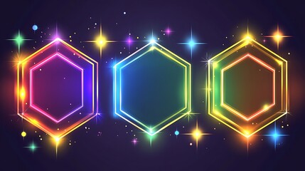 Vibrant Neon Hexagon Frames with Sparkling Lights