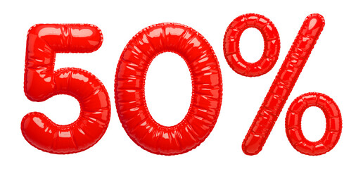 50% Sale banner with red balloons. Bright, glossy red inflatable balloon numbers and a percentage sign isolated on a transparent background. 