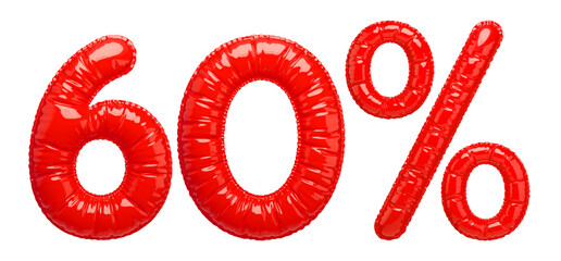 60% Sale banner with red balloons. Bright, glossy red inflatable balloon numbers and a percentage sign isolated on a transparent background. 