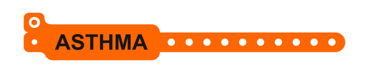 Obraz premium Medical alert bracelet. Asthma warning wristband mockups isolated on white background. Patient wrist band for clinic or hospital. Vector flat illustration.