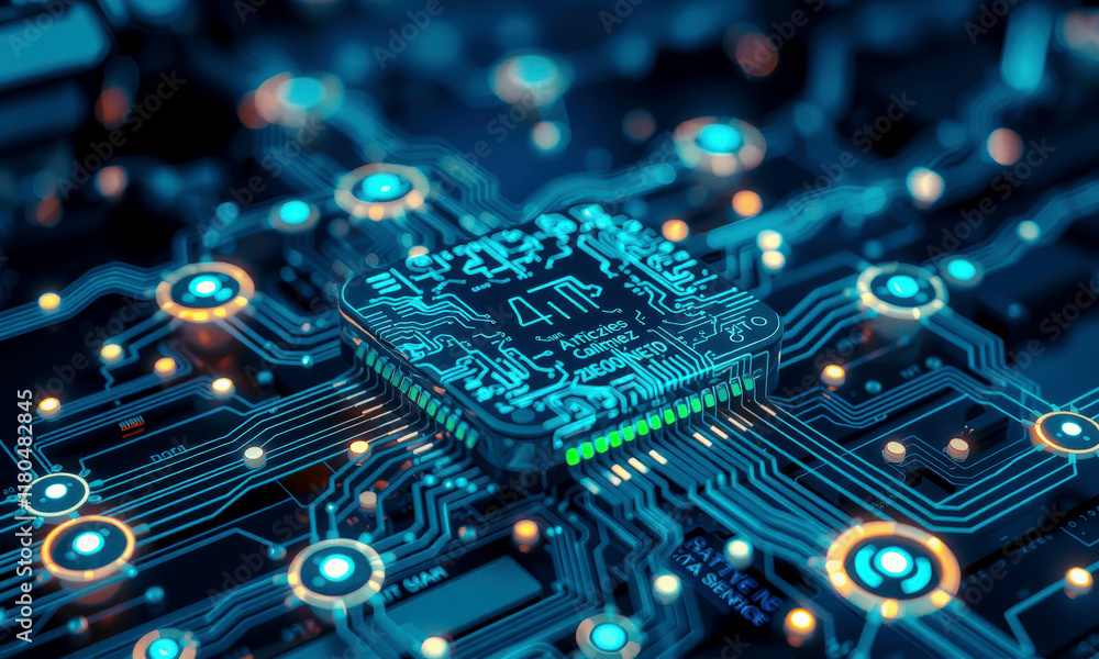 Poster glowing circuit board with central ai chip, showcasing intricate pathways and connections, highlight
