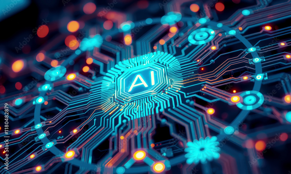 Poster glowing ai chip processor is integrated into complex circuit board, showcasing advanced technology a