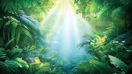 Fototapeta premium Lush Tropical Rainforest Sunlight Illuminates Verdant Foliage