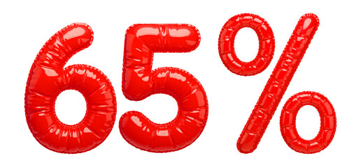 65% Sale banner with red balloons. Bright, glossy red inflatable balloon numbers and a percentage sign isolated on a transparent background. 