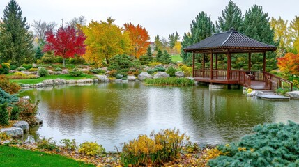 Fototapeta premium Autumnal Japanese garden pond gazebo tranquility