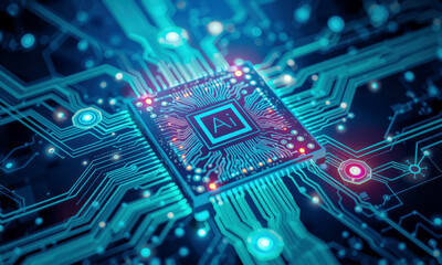 glowing AI chip processor is integrated into complex circuit board, showcasing advanced technology and innovation in artificial intelligence. intricate design highlights future of computing
