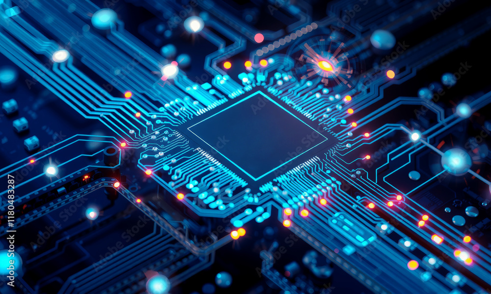 Aufkleber glowing microchip on blue circuit board, showcasing intricate electronic pathways and connections, s