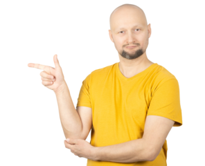 Pointing to the Side with a Confident Smile