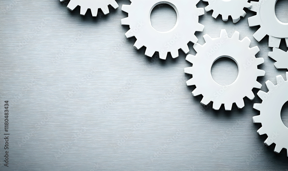 Poster abstract image of white gears on a textured gray background, ideal for concepts of teamwork, mechani
