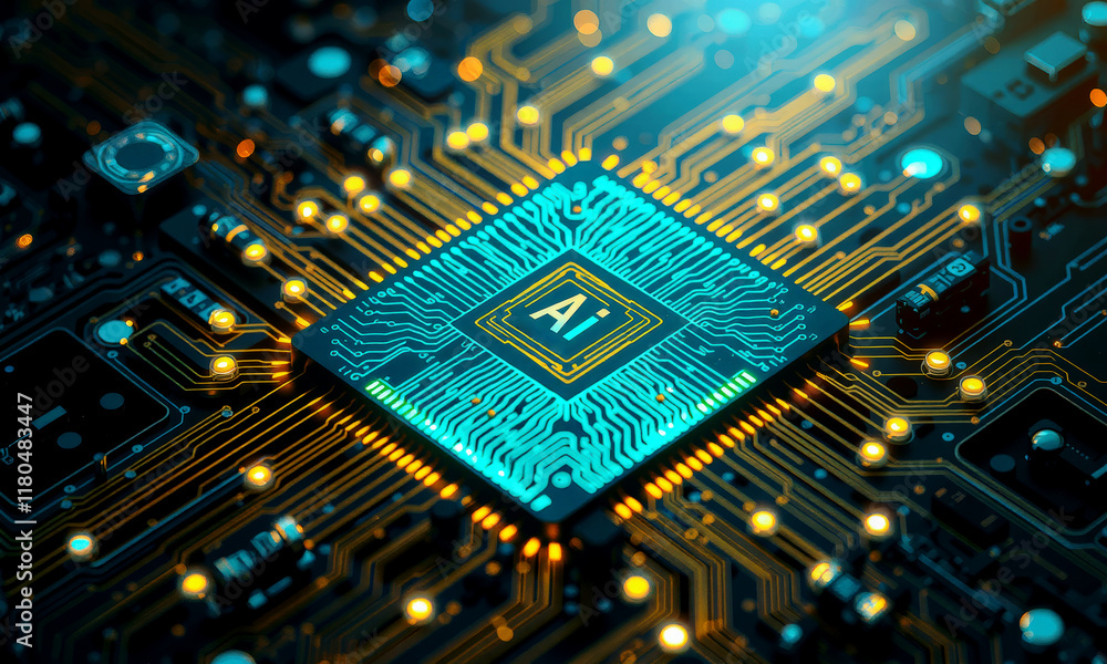 Poster glowing ai chip on circuit board, showcasing advanced technology and innovation. intricate design hi