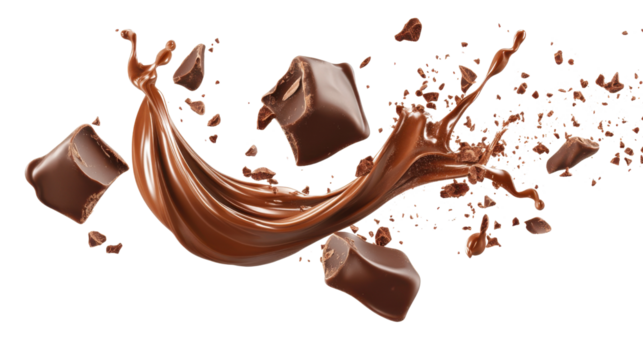 Flying chocolate pieces transparent background