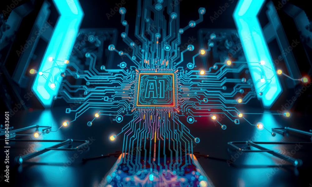 Poster glowing ai chip with intricate circuitry is illuminated futuristic setting, showcasing advanced tech