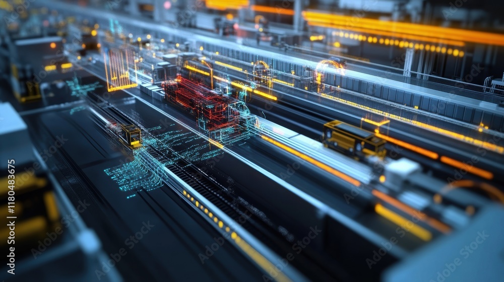 Poster futuristic automated assembly line is manufacturing trains and buses using advanced technology and d