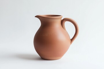 Clay brown jug with a handle on a white background