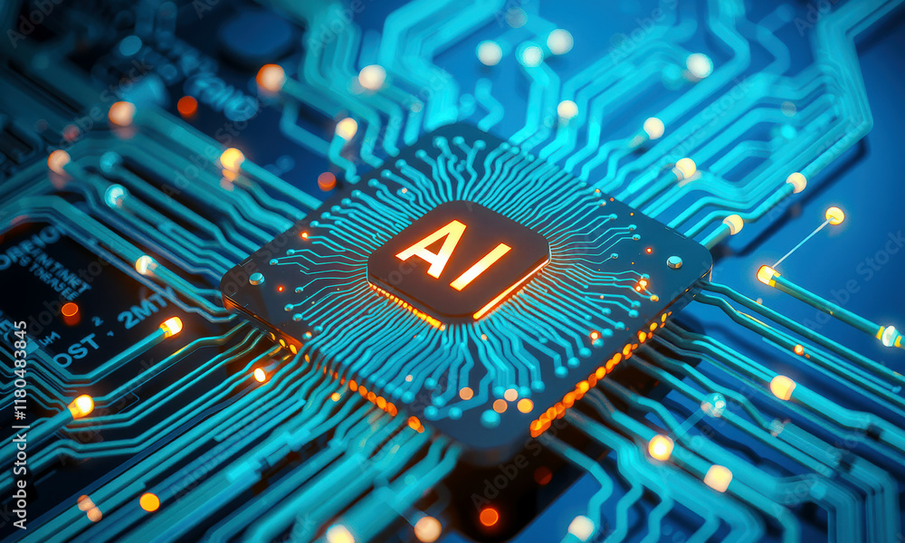 Poster glowing ai chip on circuit board, symbolizing advanced technology and innovation in artificial intel