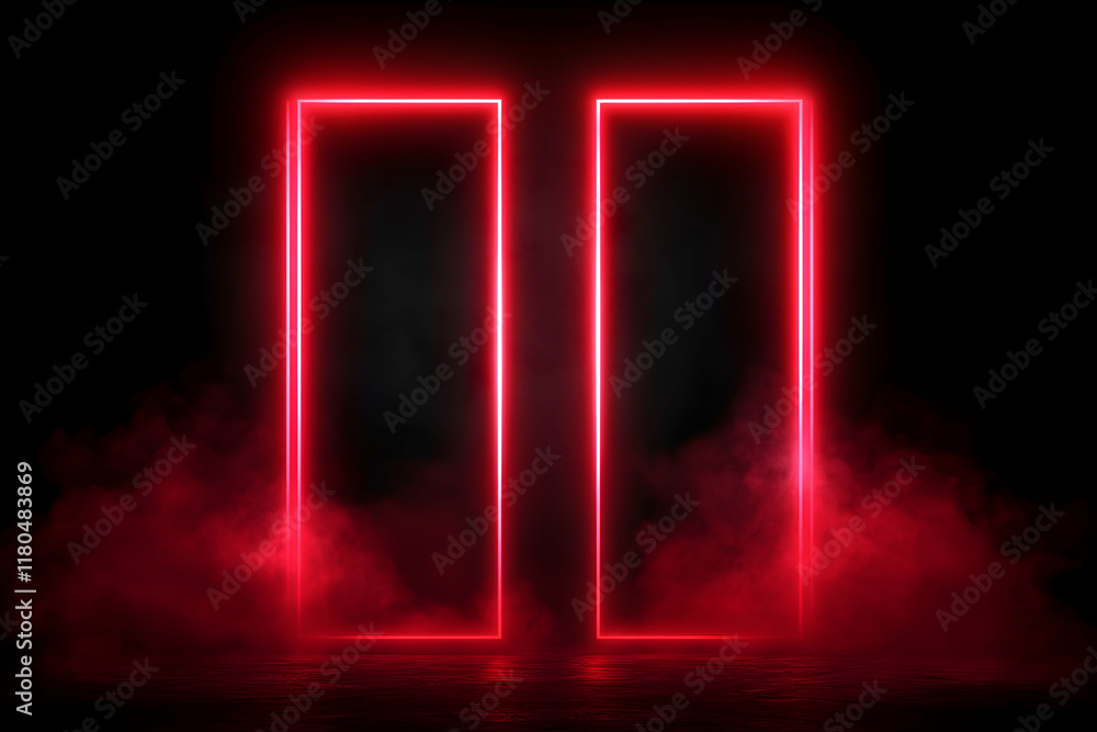 Poster mysterious red neon light frames creating an enigmatic gateway in smoky darkness; perfect for futuri