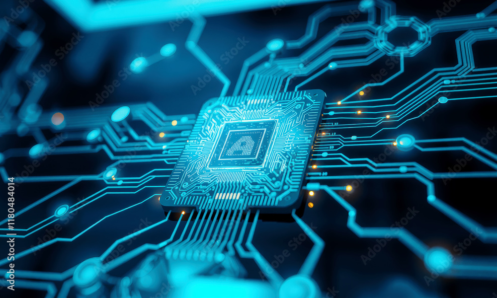 Poster glowing ai chip processor is integrated into complex circuit board, showcasing advanced technology a