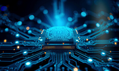 Fototapeta premium glowing AI chip processor on circuit board, showcasing advanced technology and innovation in computing. blue light highlights intricate design and futuristic feel